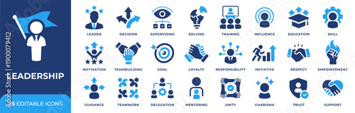 Leadership icon set with 25 vector icons. Management, motivation, teamwork, delegation, training, mentoring, trust and influence symbols for HR, corporate leadership, business UI, web and app design.