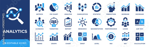 Analytics icon set with 25 vector icons. Data analysis, metrics, KPI, ROI, segmentation, A/B testing, charts, reports and performance symbols for marketing analytics, dashboards, web and app design.