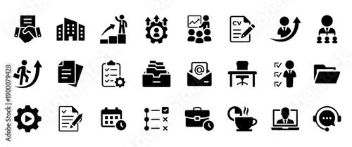 Office and business icon set with 25 solid icons. Career, employee, documents, project, training, schedule, tasks, email, support and remote work filled icons for corporate UI, web and app design.