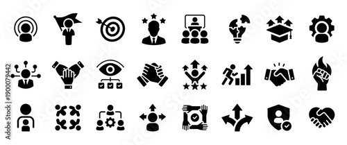 Leadership icon set with 25 solid icons. Management, motivation, teamwork, delegation, training, mentoring, trust and influence black icon for HR, corporate leadership, business UI, web and app design