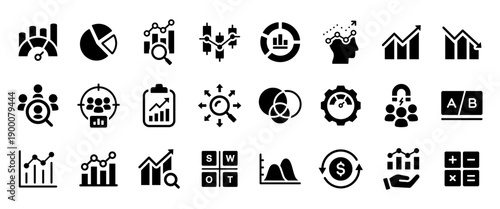 Analytics icon set with 25 solid icons. Data analysis, metrics, KPI, ROI, segmentation, A/B testing, charts, reports and performance black icons for marketing analytics, dashboards, web and app design