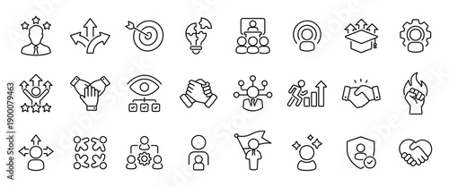 Leadership icon set with 25 outline icons. Management, motivation, teamwork, delegation, training, mentoring, trust and influence line icon for HR, corporate leadership, business UI, web and apps.