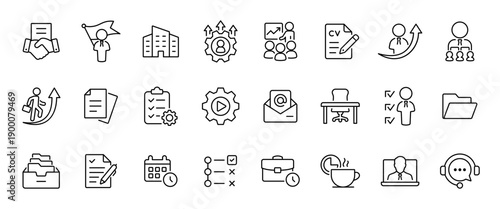 Office and business icon set with 25 outline icons. Career, employee, documents, project, training, schedule, tasks, email, support and remote work line icons for corporate UI, web and app design.