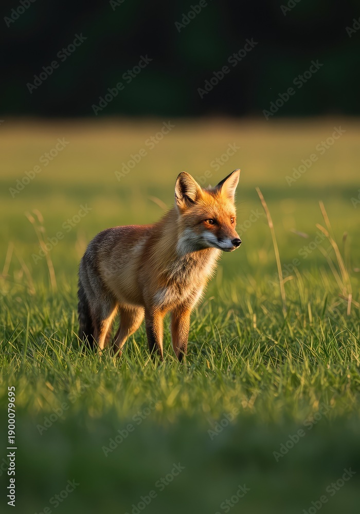 Fototapeta premium A beautiful wild red fox stands alertly in a vast grassy field bathed in warm sunlight, patiently hunting and surveying its natural environment ,environment ,looking ,farm