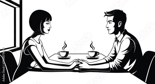 A romantic couple sitting together at a table holding hands over steaming cups of coffee in a cozy cafe setting.