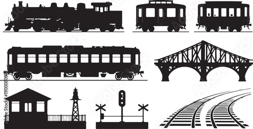 Black silhouette collection of vintage train and railway infrastructure