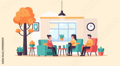 People conversing in a cozy room with a tree and window