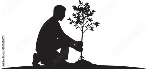 Man planting tree, gardener, nature conservation, environmental care concept vector