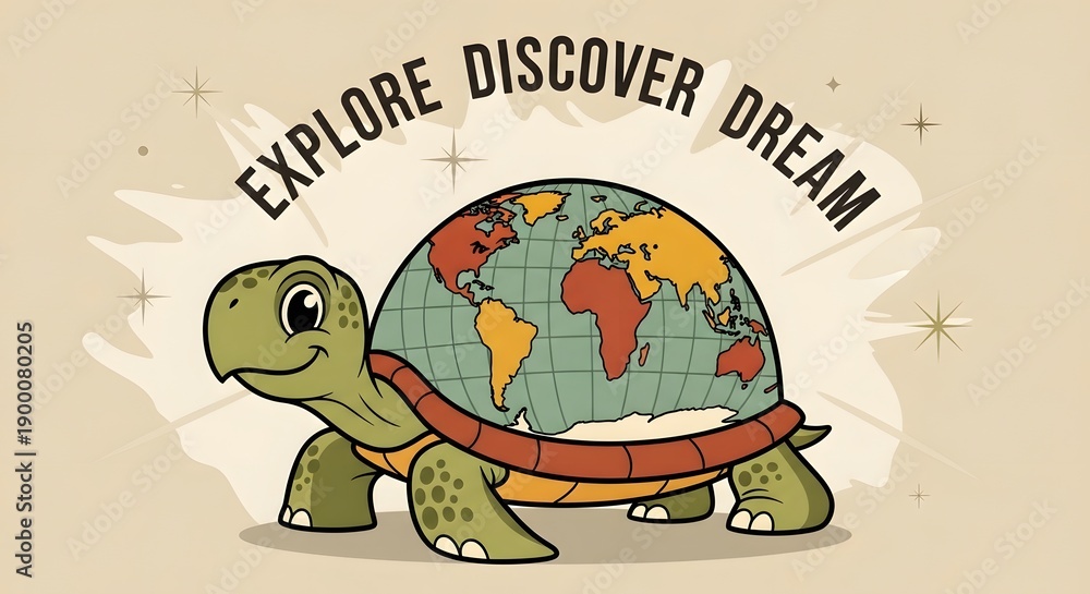 Obraz premium Retro cartoon turtle carrying a world map shell, warm earthy colors.