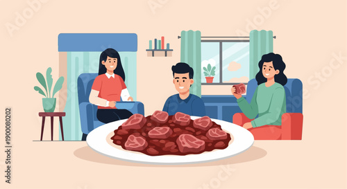 People enjoy a meal of stewed meat and beans together in a cozy home setting