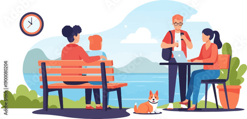 People and dog relax by water in scenic landscape, a clock shows time