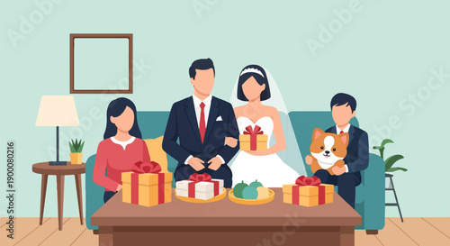 Newlyweds receive gifts and a pet dog in a cozy living room setting