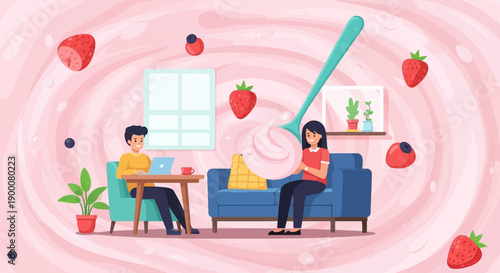 People enjoy a sweet moment with floating berries in creamy swirl background