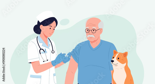 Nurse administers injection to elderly man, a dog looks on