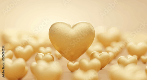 Numerous golden heart shapes, with one in sharp focus at the front, softly blurred