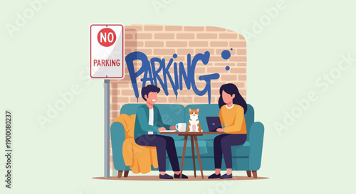 People and dog relax in cafe with no parking sign