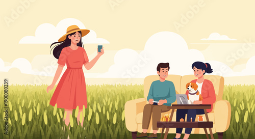 People and dog relax in a sunlit field, with one person taking a photo