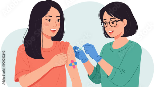 Nurse gives injection to smiling woman with band-aid on arm