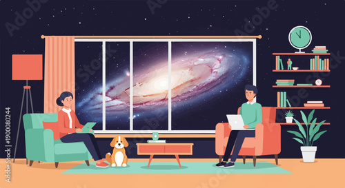 People and dog relax in living room with galaxy view