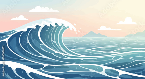 Ocean wave cresting under a soft, pastel sky with distant hills