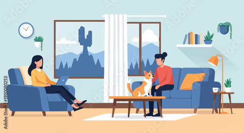 People and dog relax indoors while one works on laptop