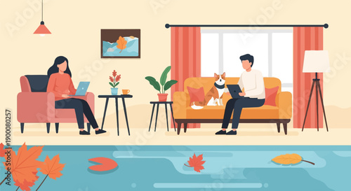 People and dog relax indoors, with autumn leaves floating in water
