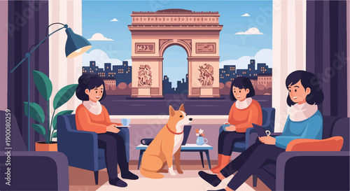 People and dog relax indoors with iconic Paris landmark visible through window