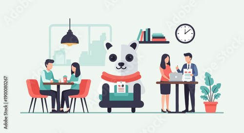 Office and cafe scene with a panda mascot and colleagues collaborating