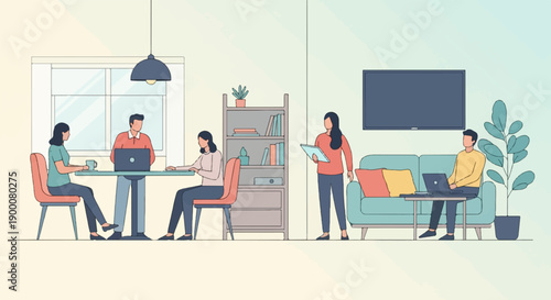 Office and living area with people working and relaxing