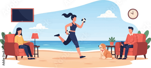 People and dog relax on beach near ocean, one person exercises