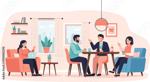 People enjoying a relaxed indoor gathering with drinks and laptops