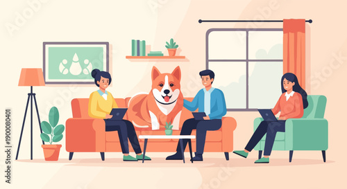People and dog working on laptops at home, cozy living room
