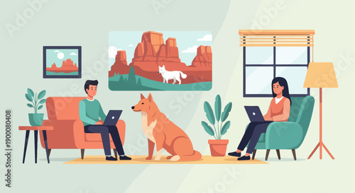 People and dog working remotely from a cozy living room with desert art
