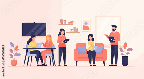 Office team collaborating on laptops and tablets in a modern workspace