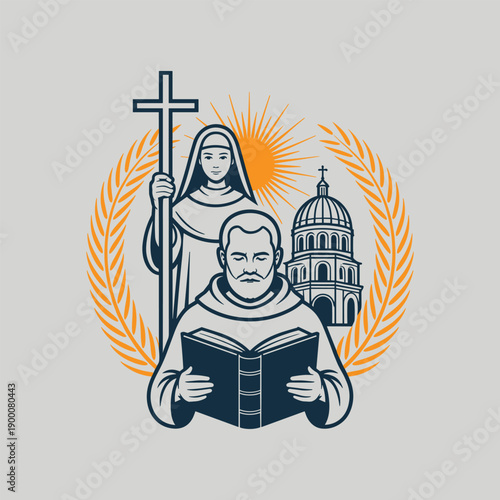 Religious Catholic Icons of a Monk Reading and a Nun with Cross and Church Building Illustration