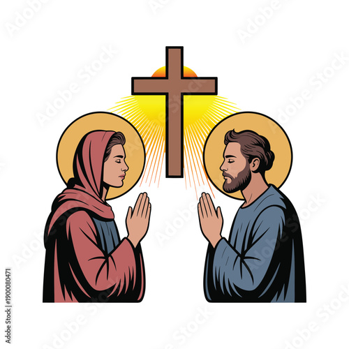 Couple Praying in Front of a Christian Cross Symbolizing Faith and Devotion