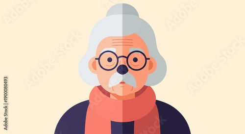 Minimalist cartoon portrait of an elderly person wearing glasses and a scarf