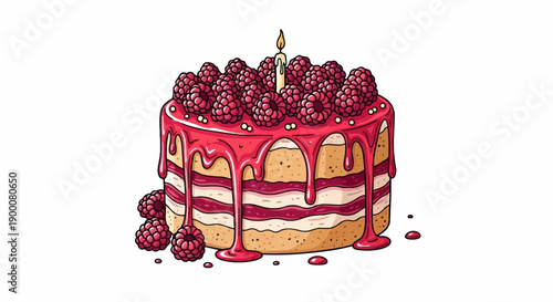 Multi-layered cake with raspberry glaze, fresh berries, and a single candle