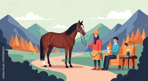 People and horse with dog in a mountain landscape with autumn trees