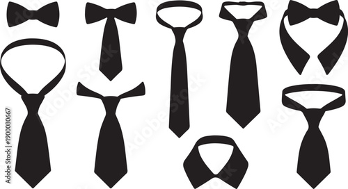 Assortment of black neckties and bow ties on white
