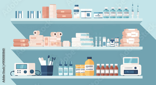 Medical supplies neatly organized on shelves, featuring bandages, bottles, and equipment
