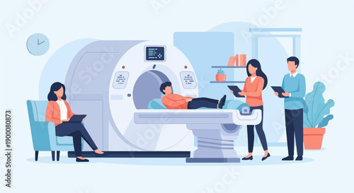 Medical scan room with patient, doctor, and technician