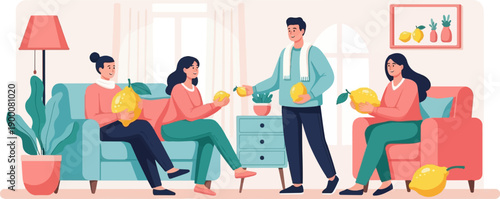 People enjoying lemons indoors, casual living room setting, warm colors