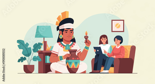 Indigenous person with historical artifacts interacts with modern people using technology