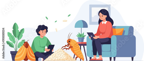 People and insects interacting with digital devices in a cozy living room setting