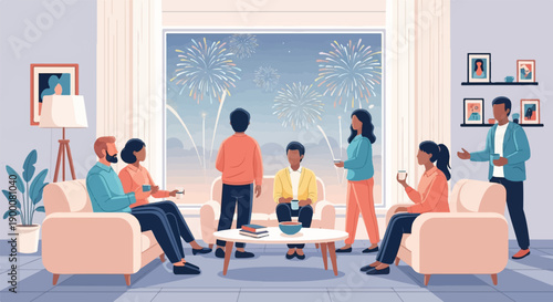 Friends gathered indoors to watch fireworks display