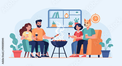 Friends gathered indoors for a barbeque with drinks and snacks