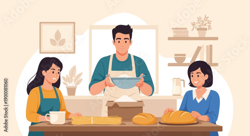 Friends happily preparing food together in a cozy kitchen setting