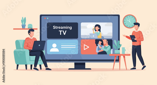 People enjoying streaming TV content on a large screen with laptops and tablets