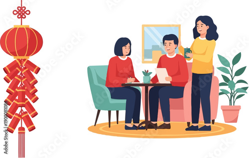 Friends meet at a cafe, a lantern and firecrackers hang nearby